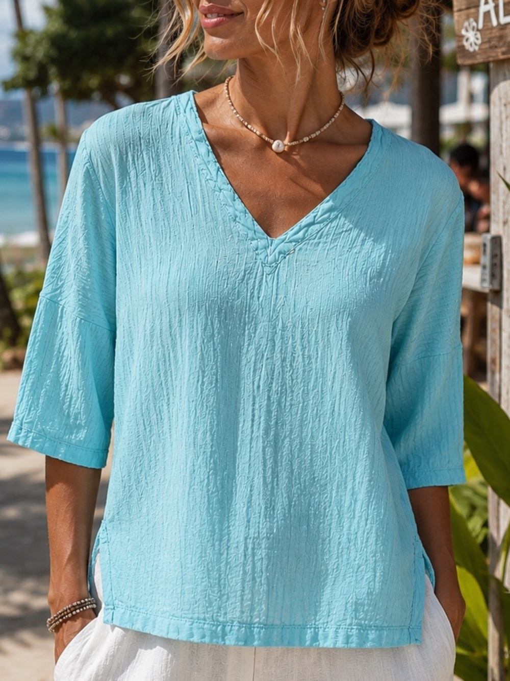 Drawstrings of Mailbu Aqua V-Neck Pullover Vacation Top Size S Resort Wear Beach